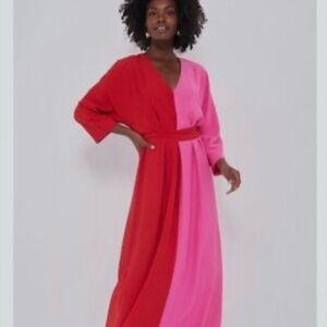 Colorblock Red & Pink Maxi Dress - Women's Wrap Style